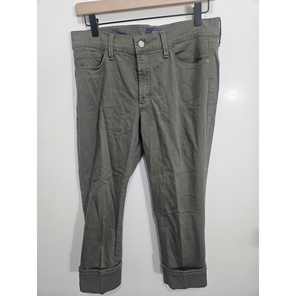 NYDJ Dayla Wide‎ Cuff Capri Pants Olive Green Petite 8P Lift Tuck Technology
